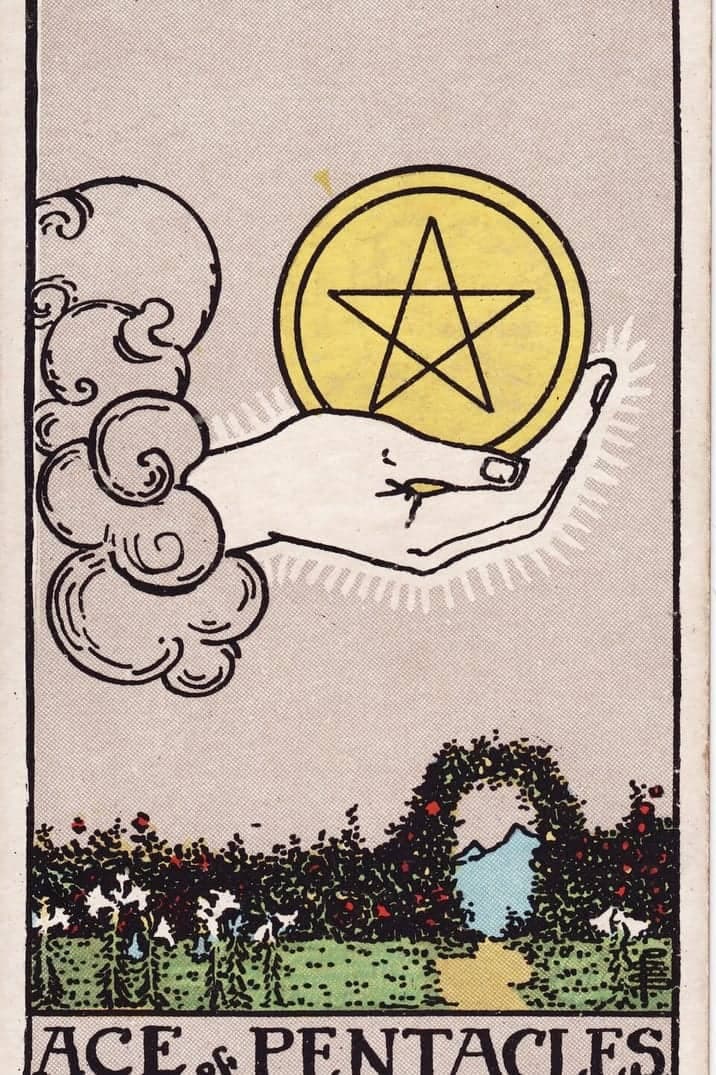 The Ace of Pentacles card from the Rider-Waite-Smith tarot deck
