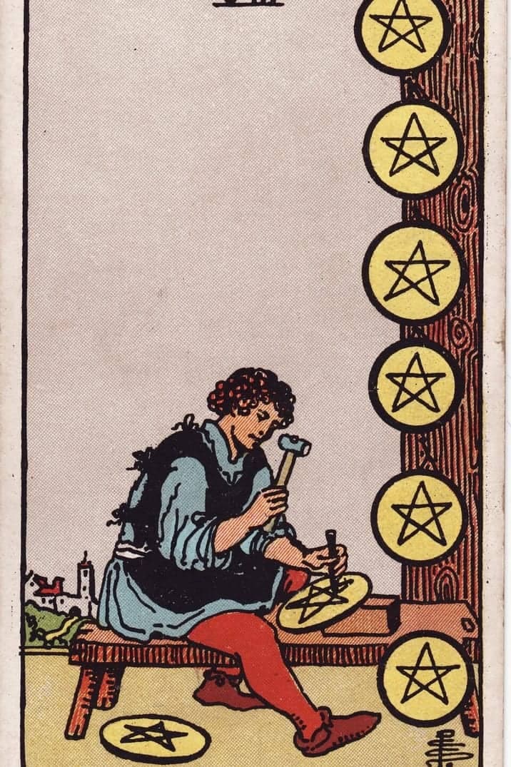 The Eight of Pentacles card from the Rider-Waite-Smith tarot deck