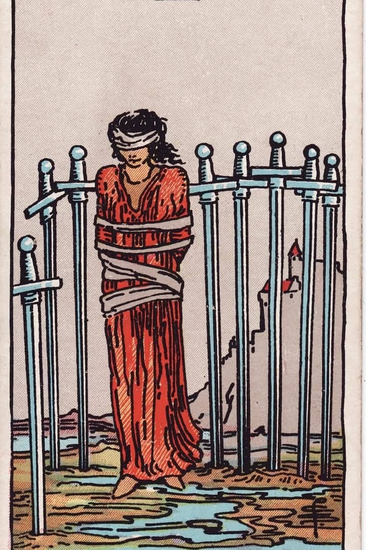 The Eight of Swords card from the Rider-Waite-Smith tarot deck