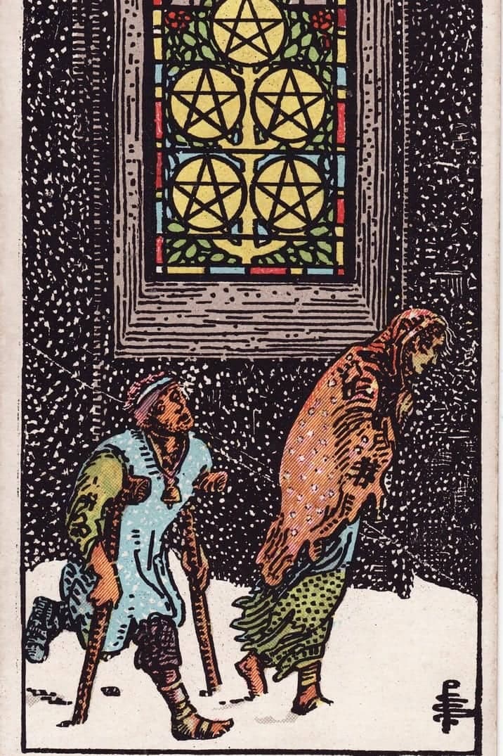 The Five of Pentacles card from the Rider-Waite-Smith tarot deck