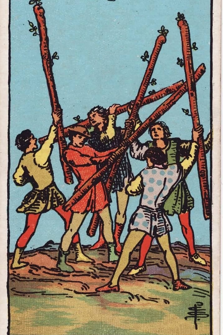 The Five of Wands card from the Rider-Waite-Smith tarot deck