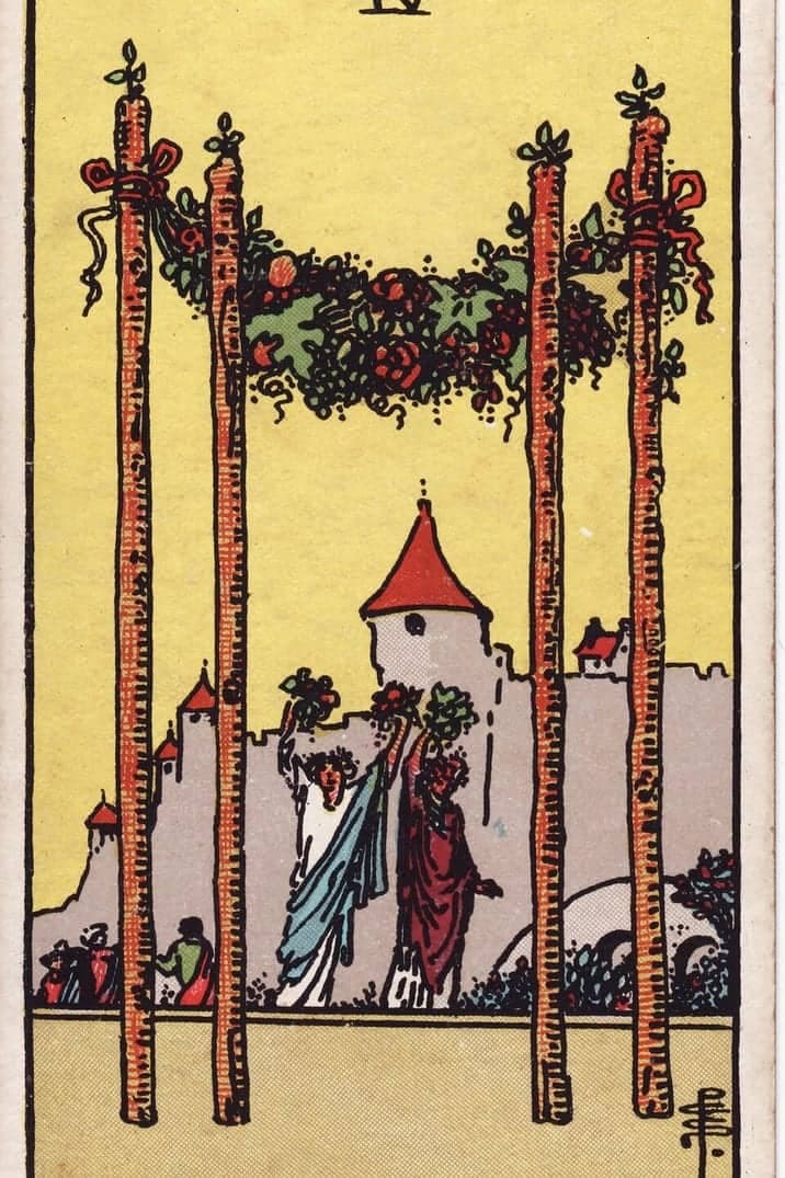 The Four of Wands card from the Rider-Waite-Smith tarot deck