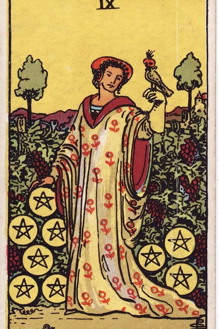 The Nine of Pentacles card from the Rider-Waite-Smith tarot deck