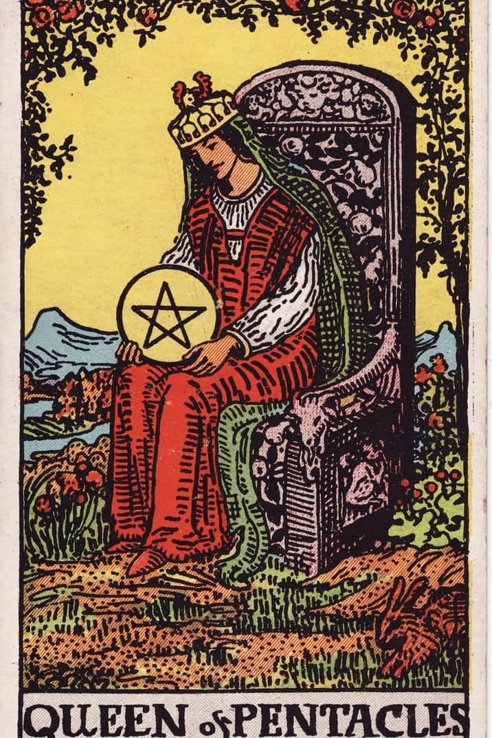 The Queen of Pentacles card from the Rider-Waite-Smith tarot deck
