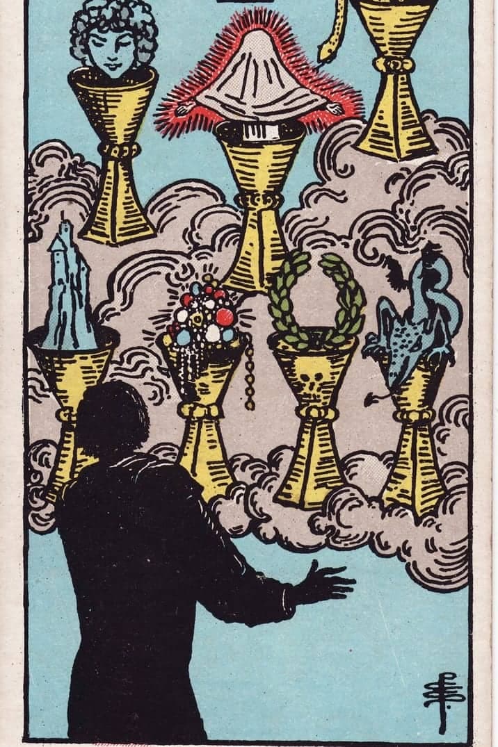 The Seven of Cups card from the Rider-Waite-Smith tarot deck