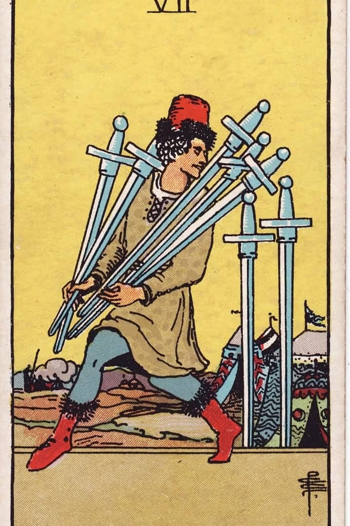 The Seven of Swords card from the Rider-Waite-Smith tarot deck