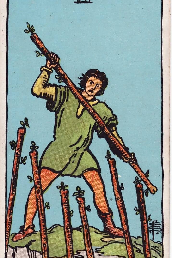 The Seven of Wands card from the Rider-Waite-Smith tarot deck