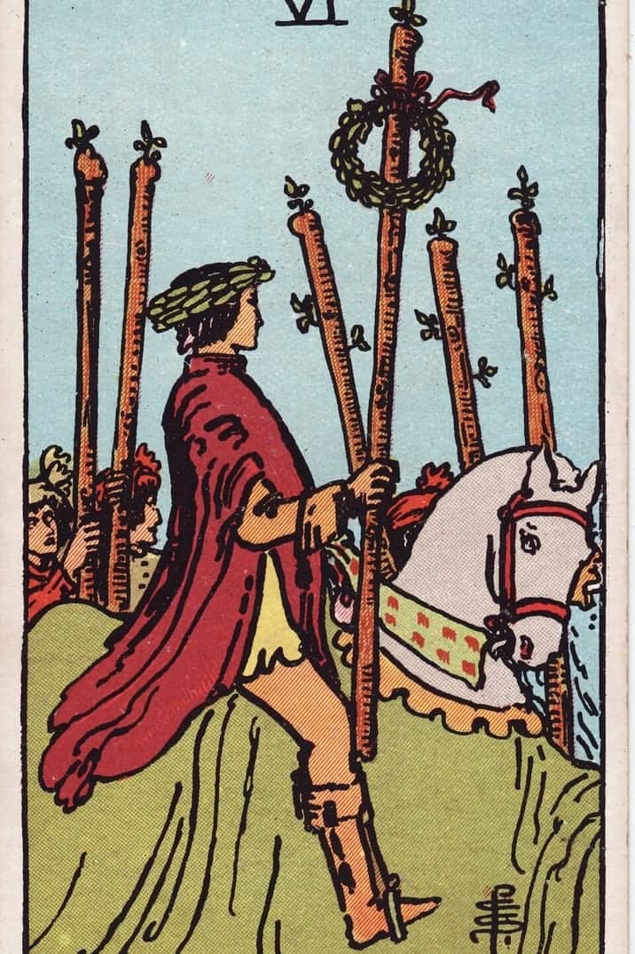 The Six of Wands card from the Rider-Waite-Smith tarot deck