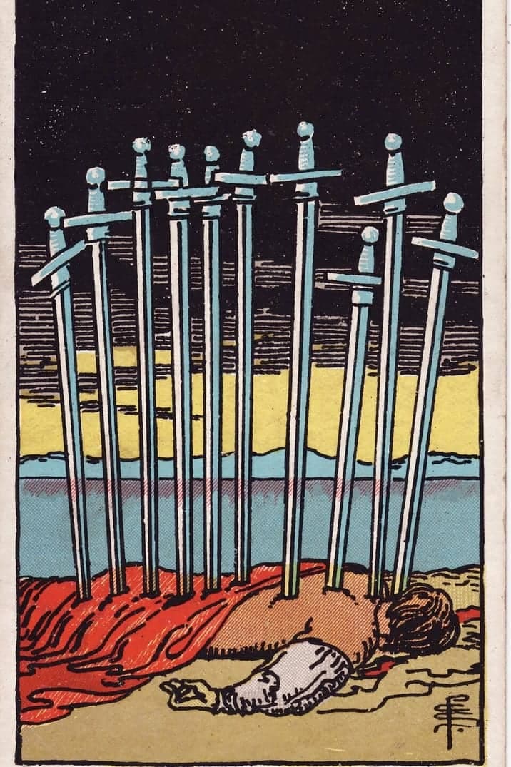The Ten of Swords card from the Rider-Waite-Smith tarot deck