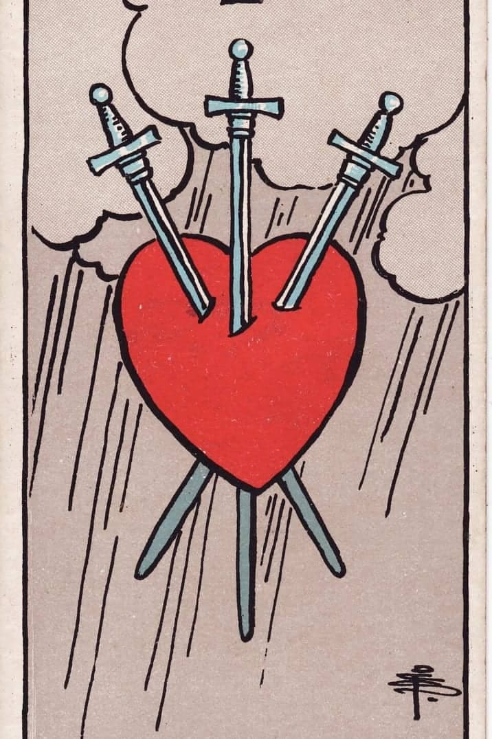 The Three of Swords card from the Rider-Waite-Smith tarot deck